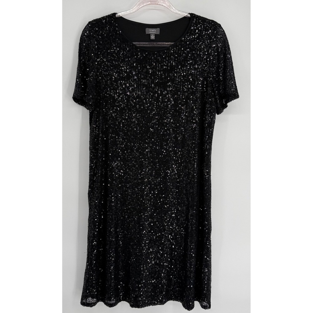 Ninety Clothing Co Black Sequin Shift‎ Dress Womens Short Sleeve Mini LBD Sz M